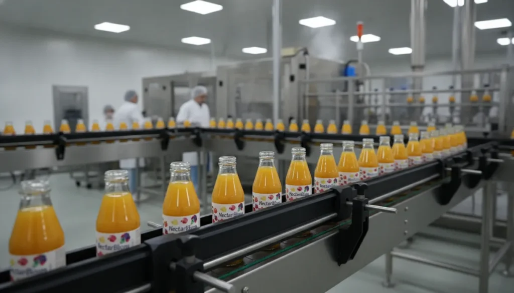 Modern food and beverage manufacturing facility with stainless steel bottling production lines