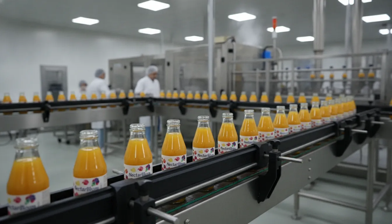 Modern food and beverage manufacturing facility with stainless steel bottling production lines