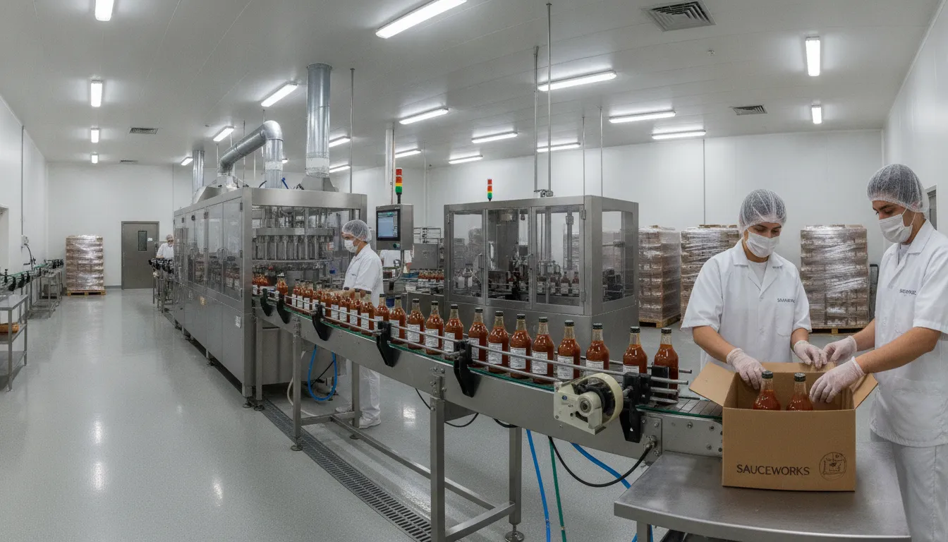 Professional food co-packing production line with workers bottling sauces in an FDA-compliant facility