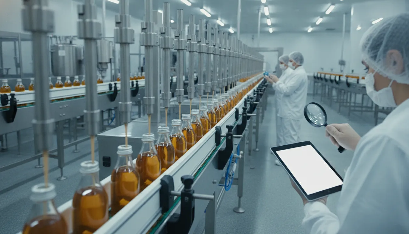Industrial co-packing production line with bottles on a conveyor system in a clean food manufacturing facility