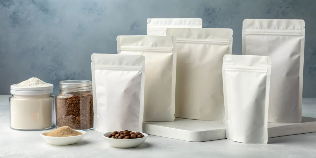 Food grade powder packaging in pouches, jars, and containers.