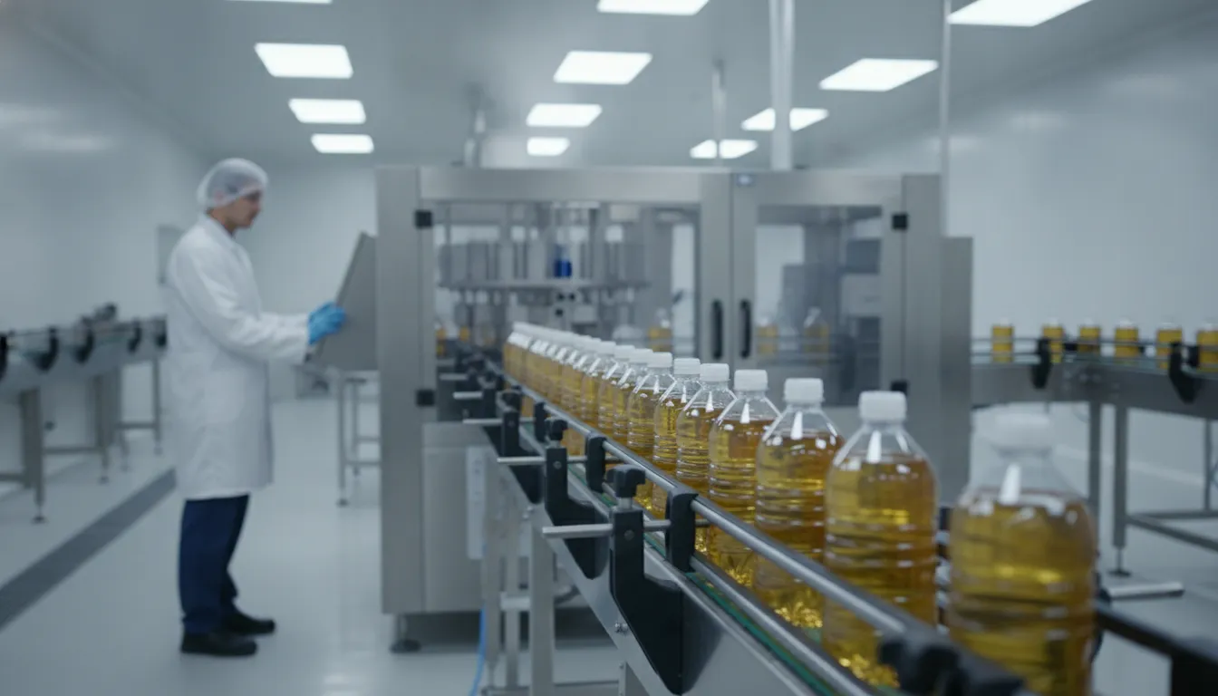 Professional food manufacturing facility with stainless steel production line and packaging equipment