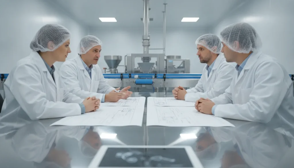 Business owners discussing co-packing partnership terms in a food production facility