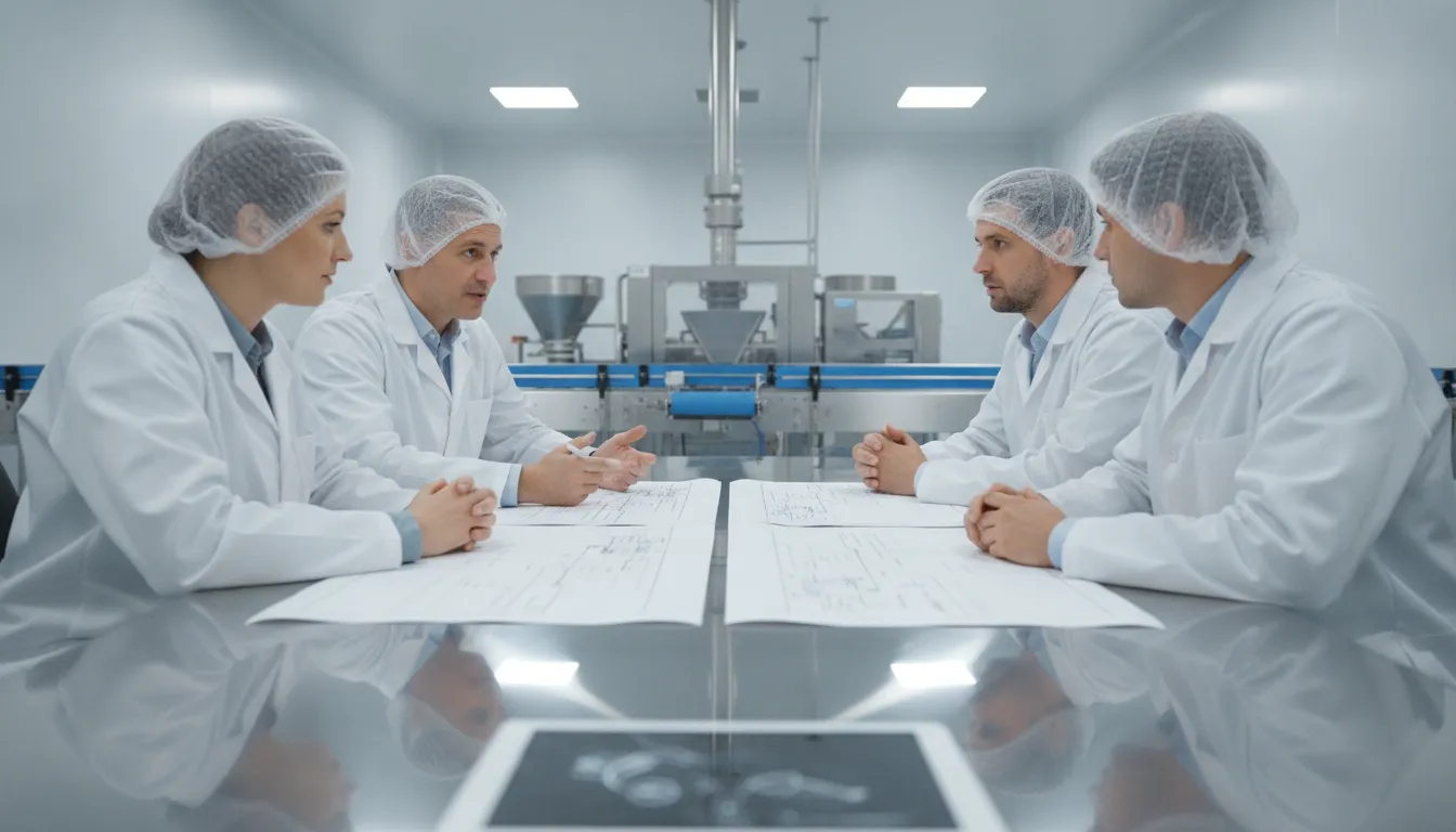 Business owners discussing co-packing partnership terms in a food production facility