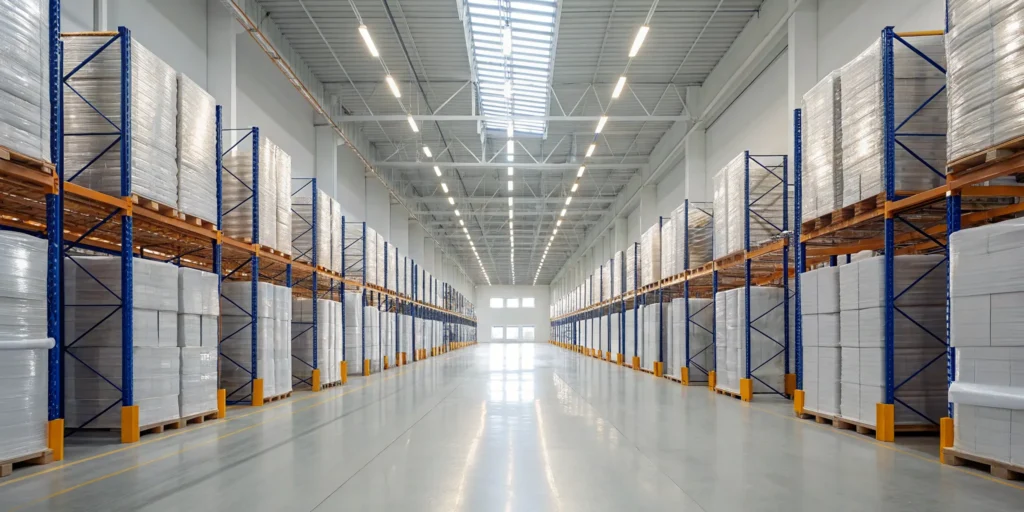 Outsourced food product warehousing facility with organized pallet racks.