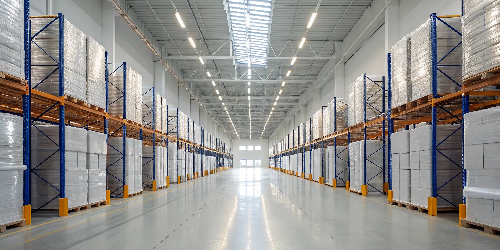 Outsourced food product warehousing facility with organized pallet racks.