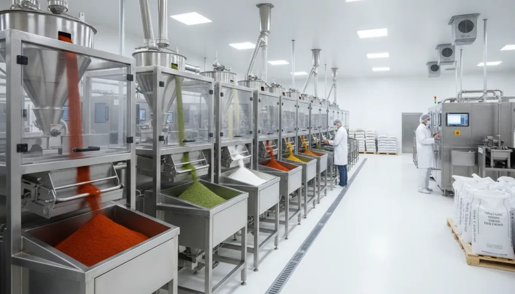 Professional food manufacturing facility processing spice and powder products on stainless steel equipment