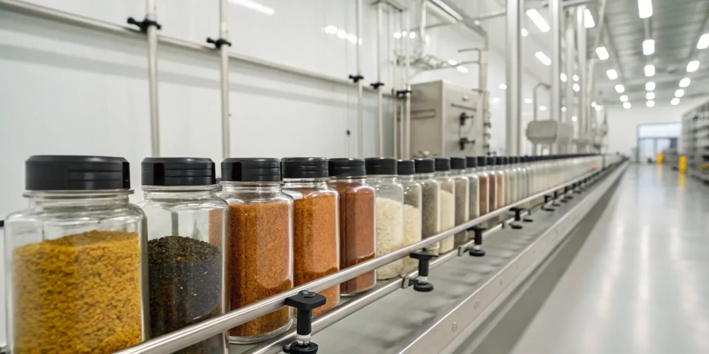 Jars of spices on a production line for professional spice bottling services.