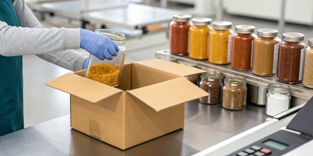 A worker providing spice fulfillment services by carefully packing a jar of spices.