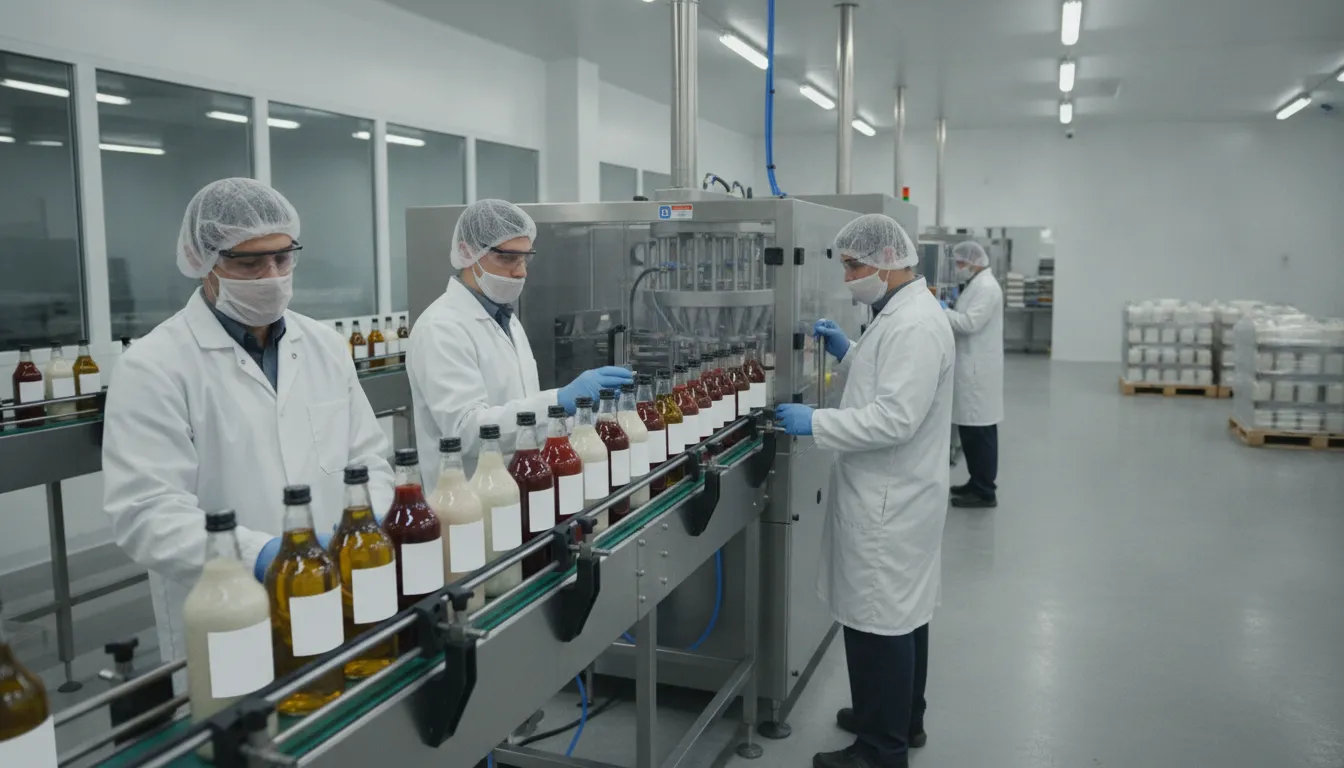 Industrial food co-packing production line with bottles and jars being filled and labeled in a clean manufacturing facility