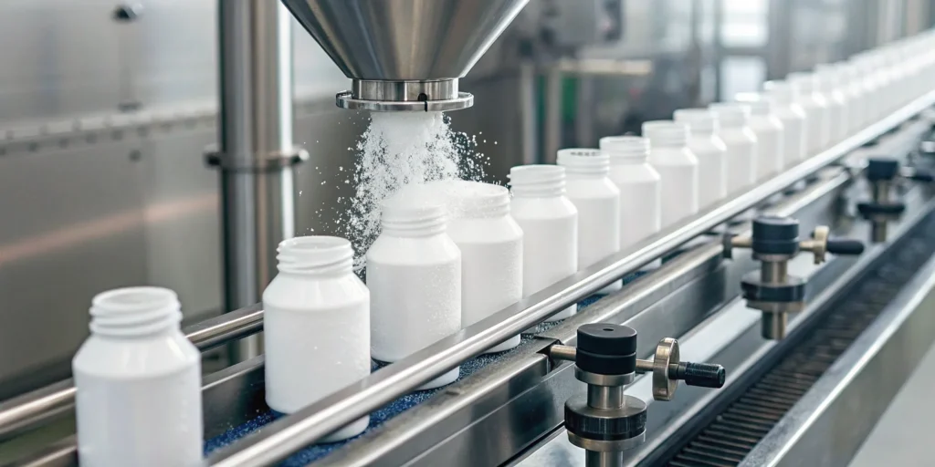 The powder filling process with an automated machine dispensing powder into bottles.