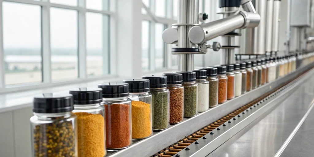 Private label spice bottling services in action on an automated production line.