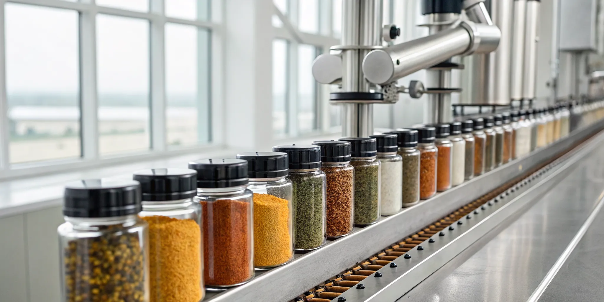 Private label spice bottling services in action on an automated production line.