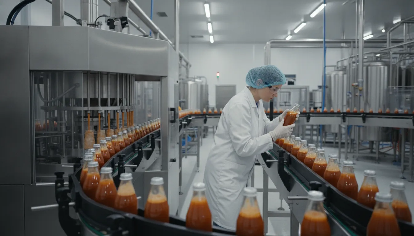 Bottling line filling glass bottles with sauce in a clean commercial food production facility