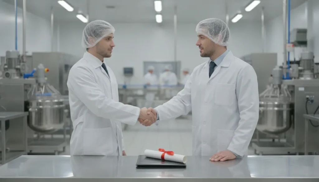Business partners shaking hands over a co-packing agreement contract in a professional food manufacturing facility