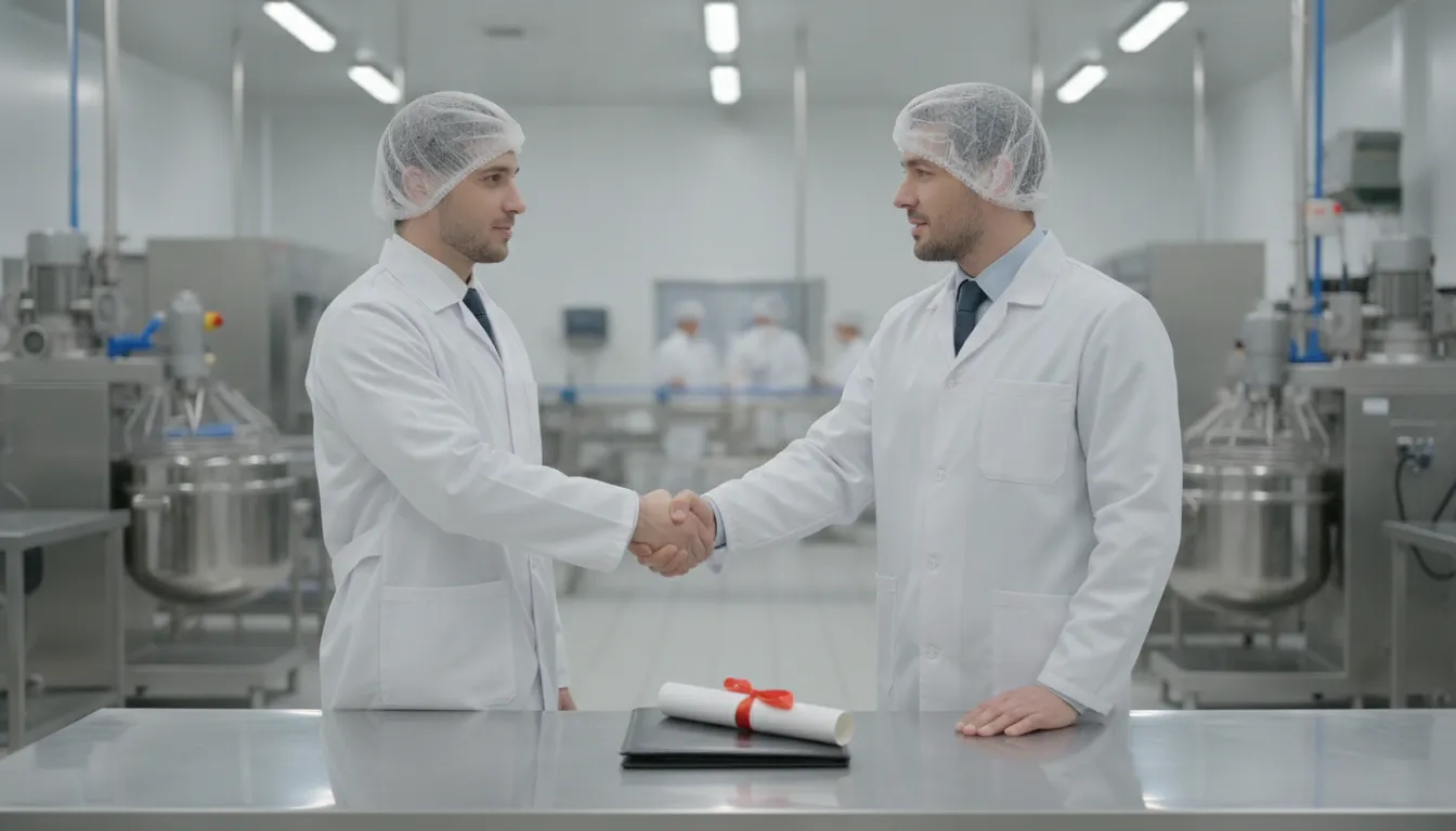 Business partners shaking hands over a co-packing agreement contract in a professional food manufacturing facility
