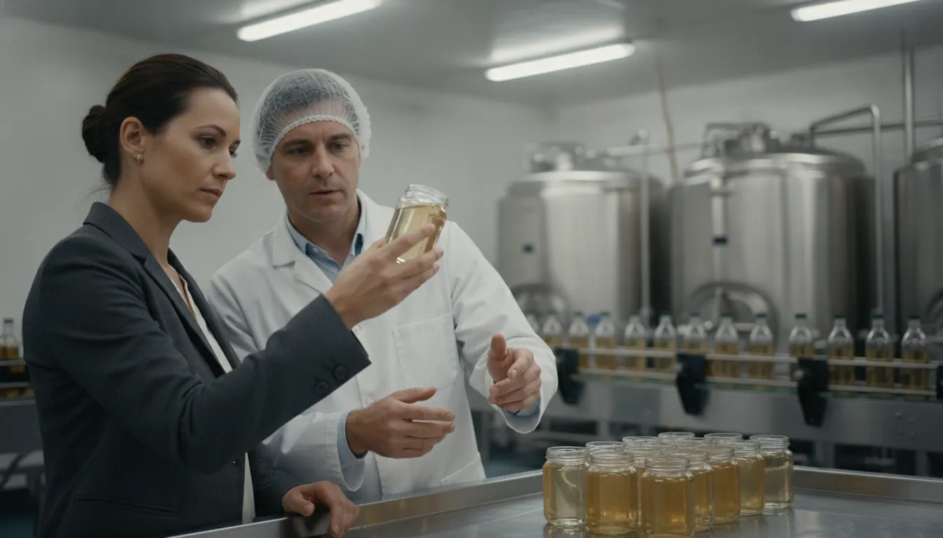 Food entrepreneur reviewing beverage samples with a production manager at a co-packing facility