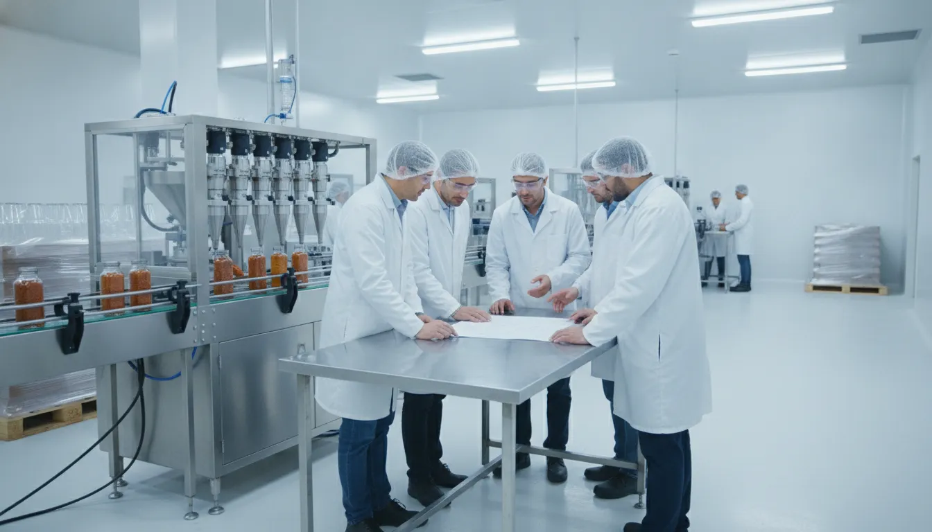 Workers on a co-packing bottling line in a bright contract manufacturing facility