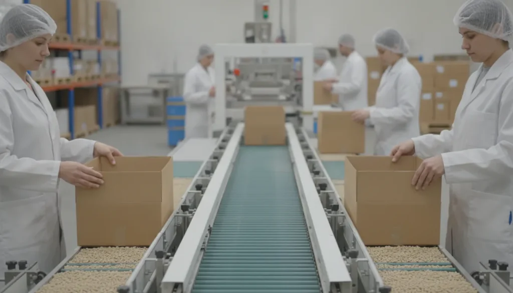 Workers assembling and packing finished food products on a clean contract manufacturing line