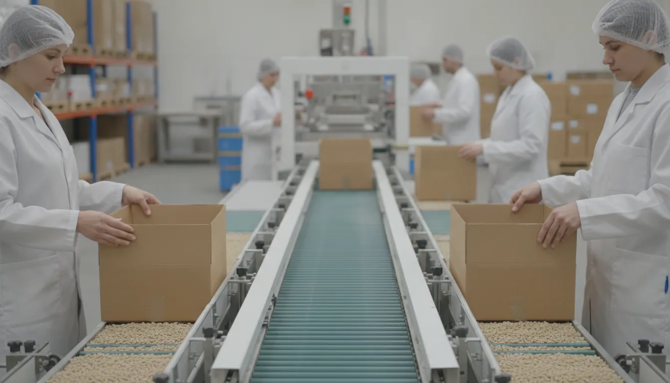 Workers assembling and packing finished food products on a clean contract manufacturing line