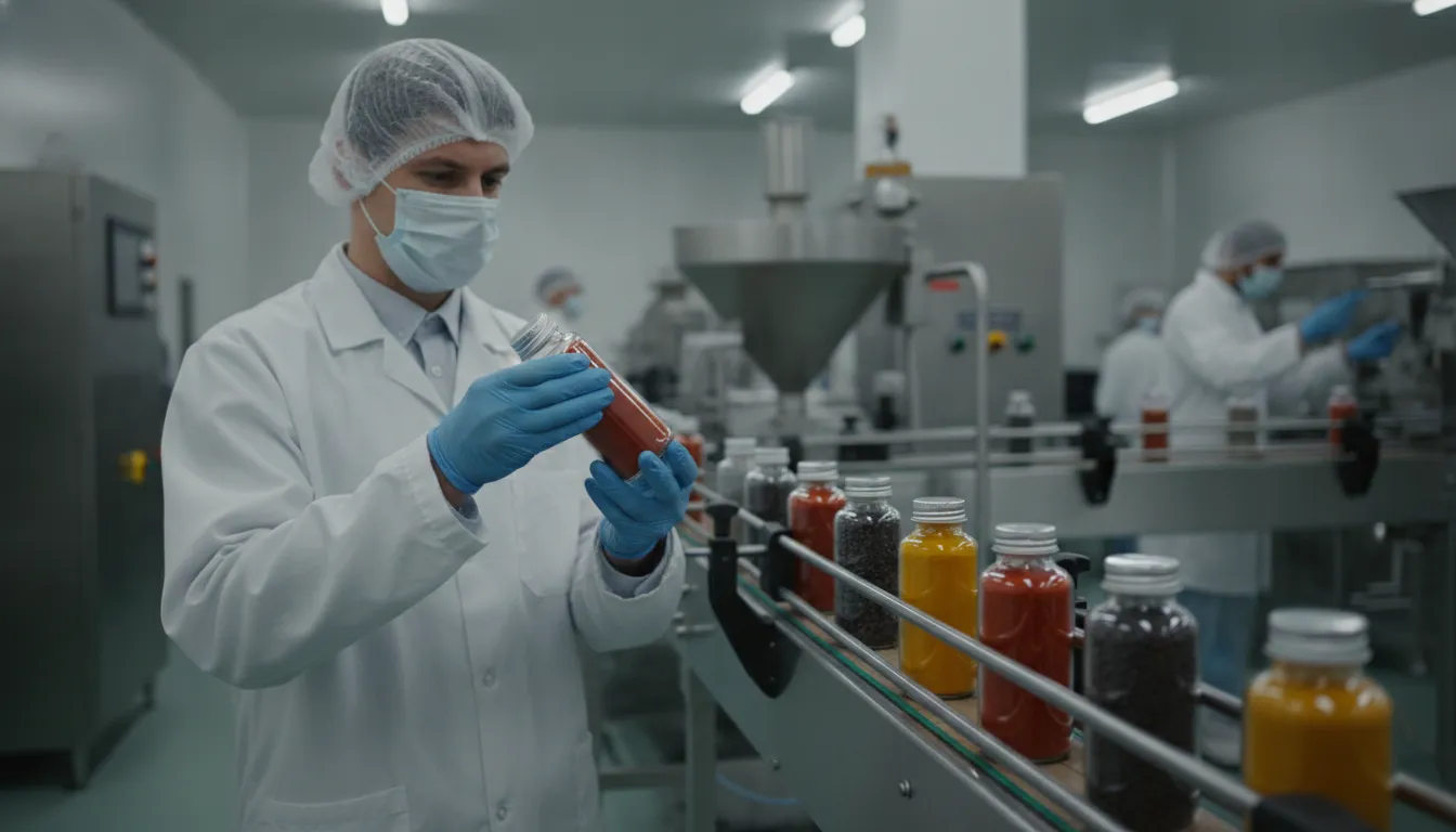 Quality control technician inspecting sealed spice bottles on a food co-packing production line