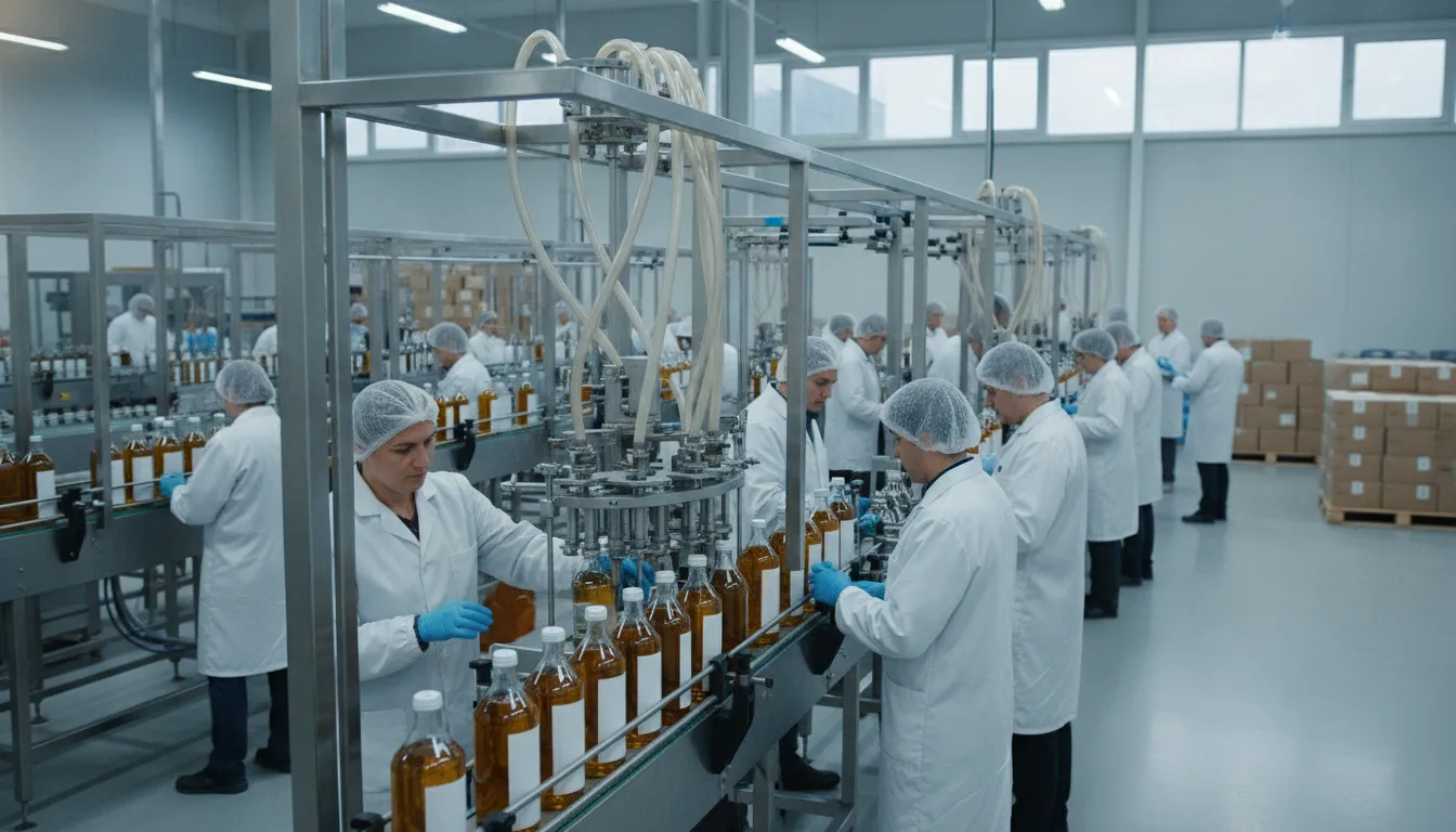 Contract packaging production line filling and labeling food products in a clean facility