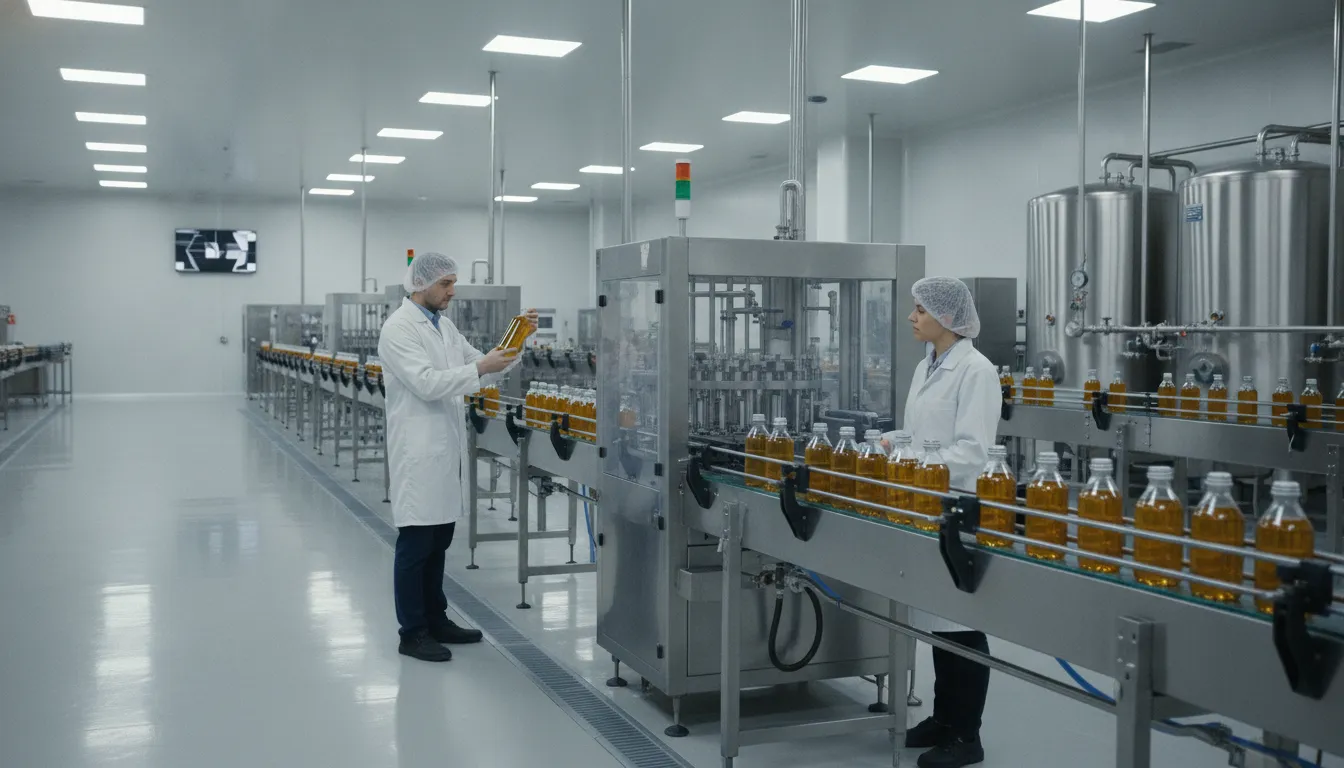 Commercial food manufacturing facility with stainless steel bottling equipment and quality control inspection