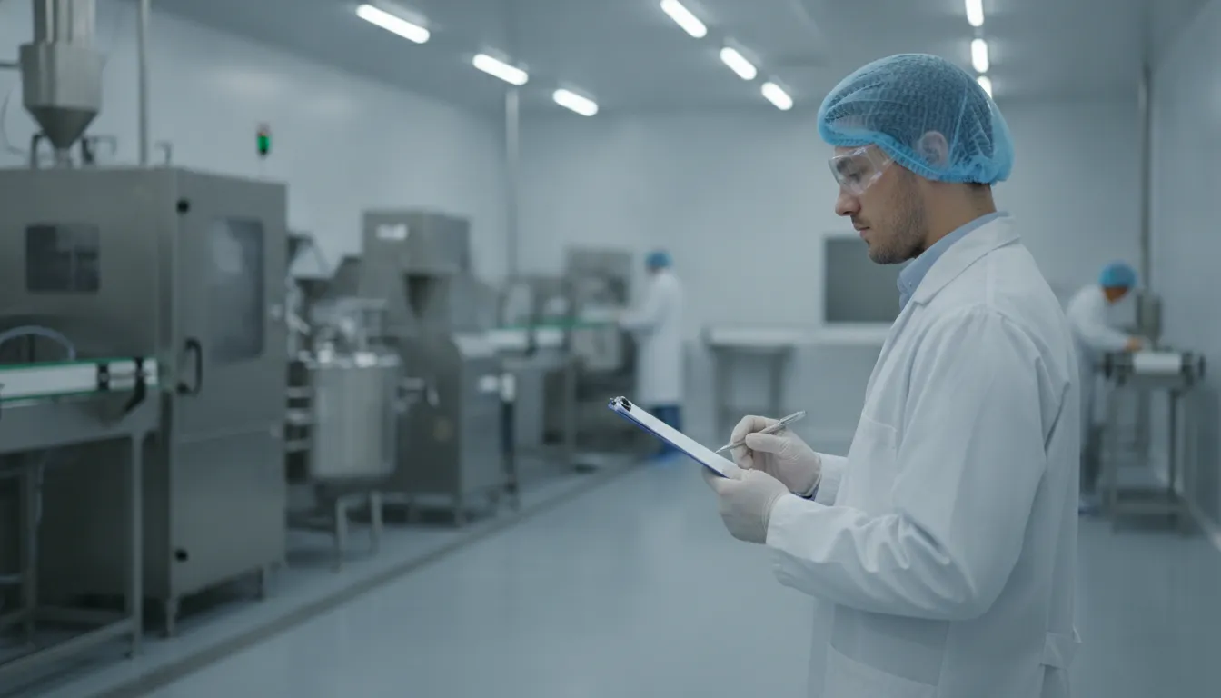 Quality control inspector reviewing production records in a clean food manufacturing facility