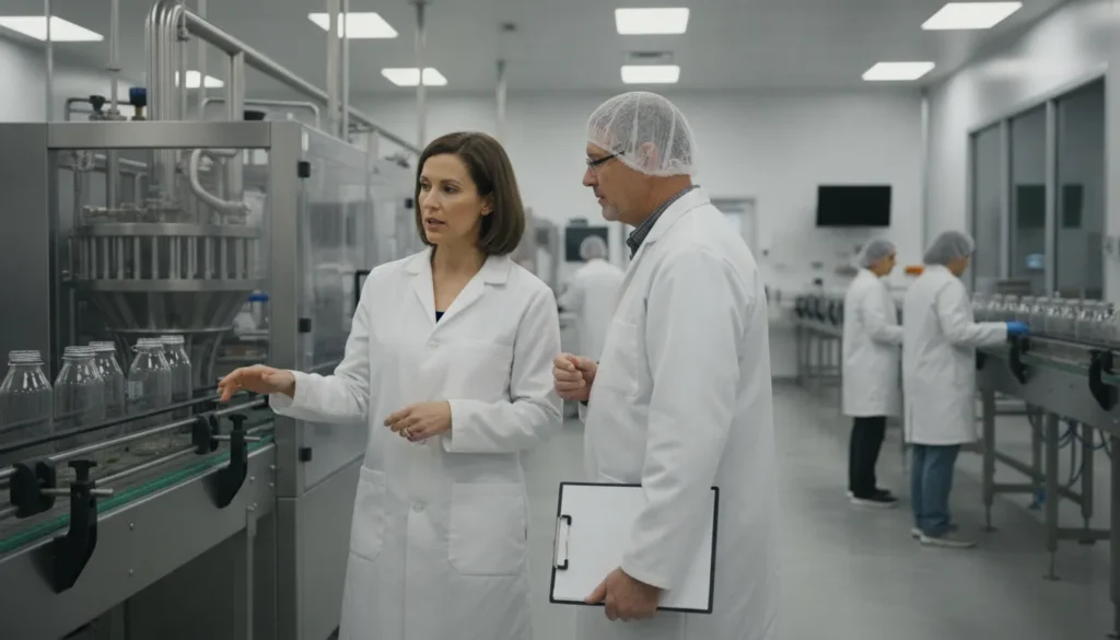 Food brand founder and co-packer production manager reviewing the filling line in a clean commercial food manufacturing facility