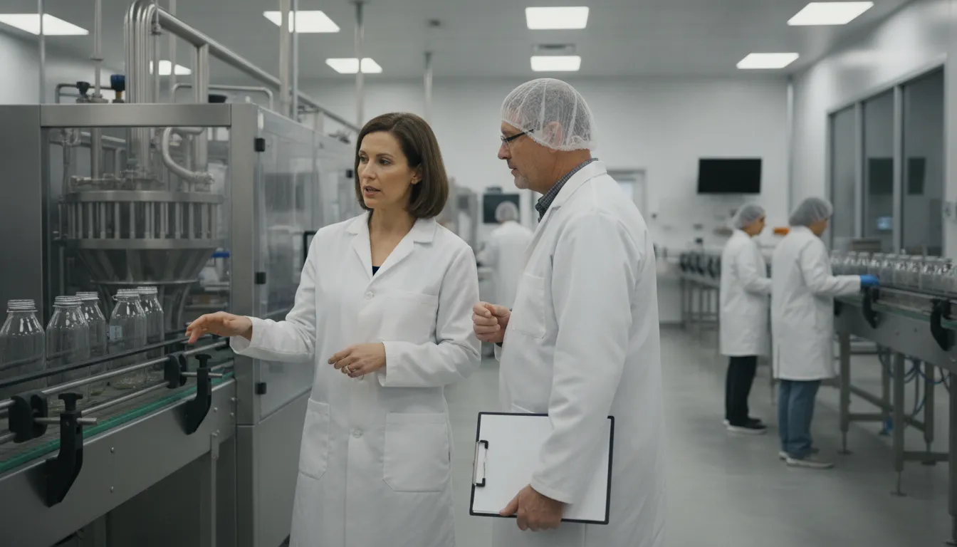 Food brand founder and co-packer production manager reviewing the filling line in a clean commercial food manufacturing facility