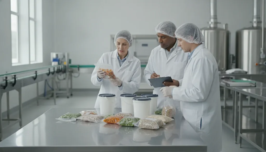 Private label food manufacturers reviewing food production and quality control