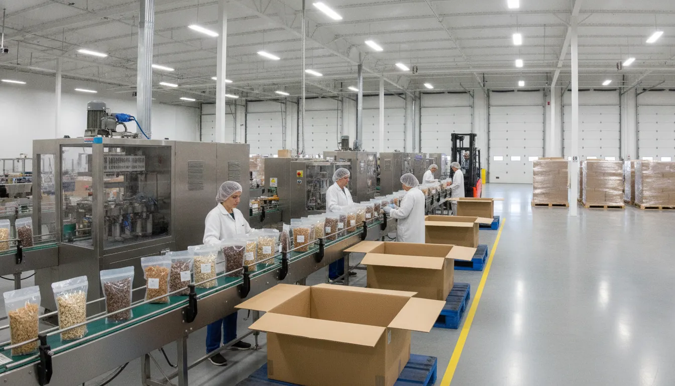 Food products moving from a co-packing facility into organized shipping cartons