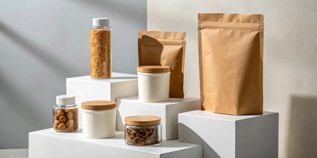 Custom food packaging for small business, including stand-up pouches, bags, and sustainable options.