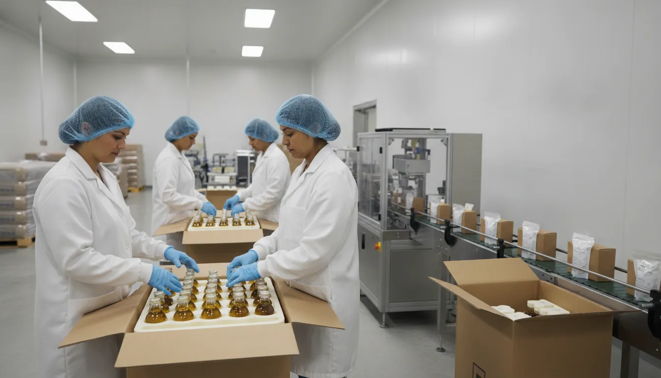 Workers in a clean contract food-manufacturing facility packing sealed bottles for direct-to-customer dropship orders