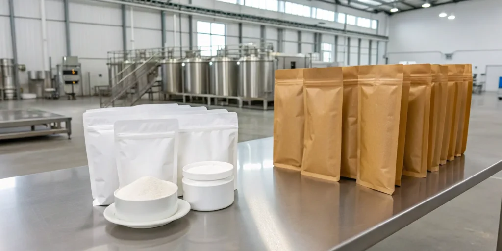 Powder co-packing services with finished stand-up pouches and jars of spices.