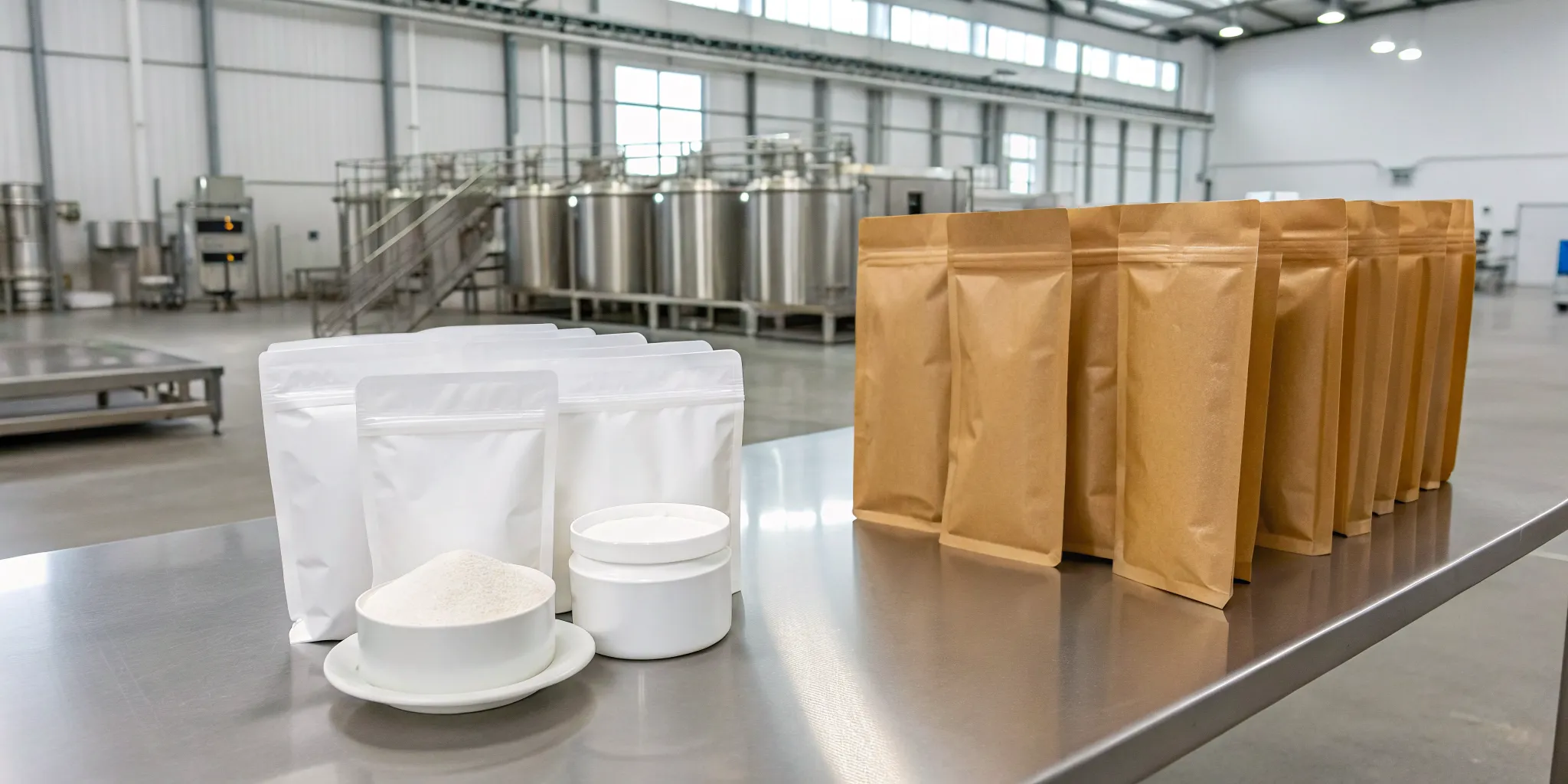 Powder co-packing services with finished stand-up pouches and jars of spices.